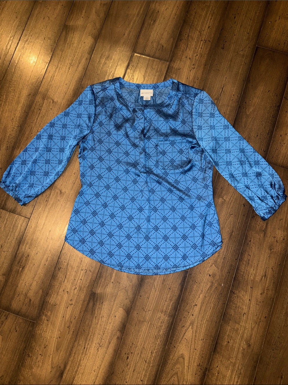 💙WOMEN’S BLUE GEOMETRIC PRINT V-NECK THREE-QUARTER LENGTH SLEEVE TUNIC BLOUSE💙